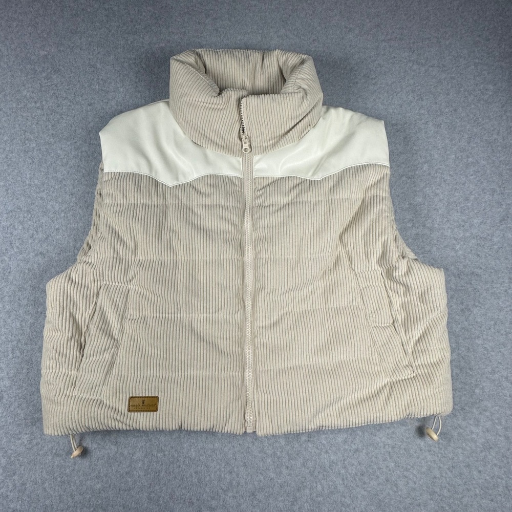 Simply Southern Corduroy Puffer Vest Tan Cream Western Faux Leather Yoke XL‎